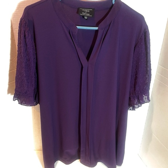 Flower and Feather Purple Womens Blouse with Sheer Decorative Short Sleeves - Picture 12 of 12